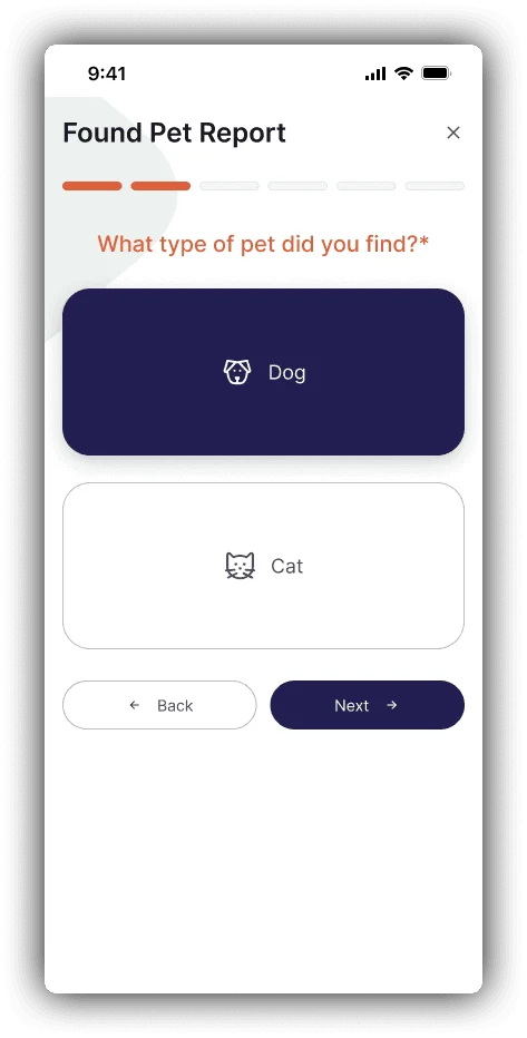Report a found pet: adding a photo and identifying details.