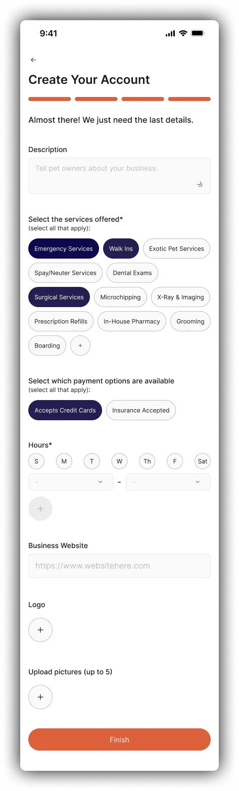 Vet and shelter profile setup, continued.