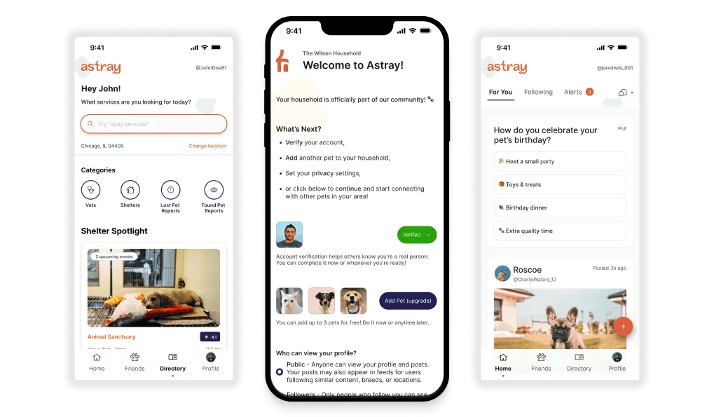 Astray overview: home, onboarding, and community discovery.
