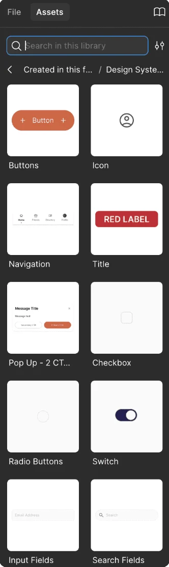 Figma components panel: reusable building blocks for handoff.