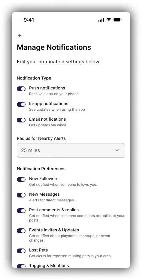 Manage Notifications: user-controlled local alert settings.
