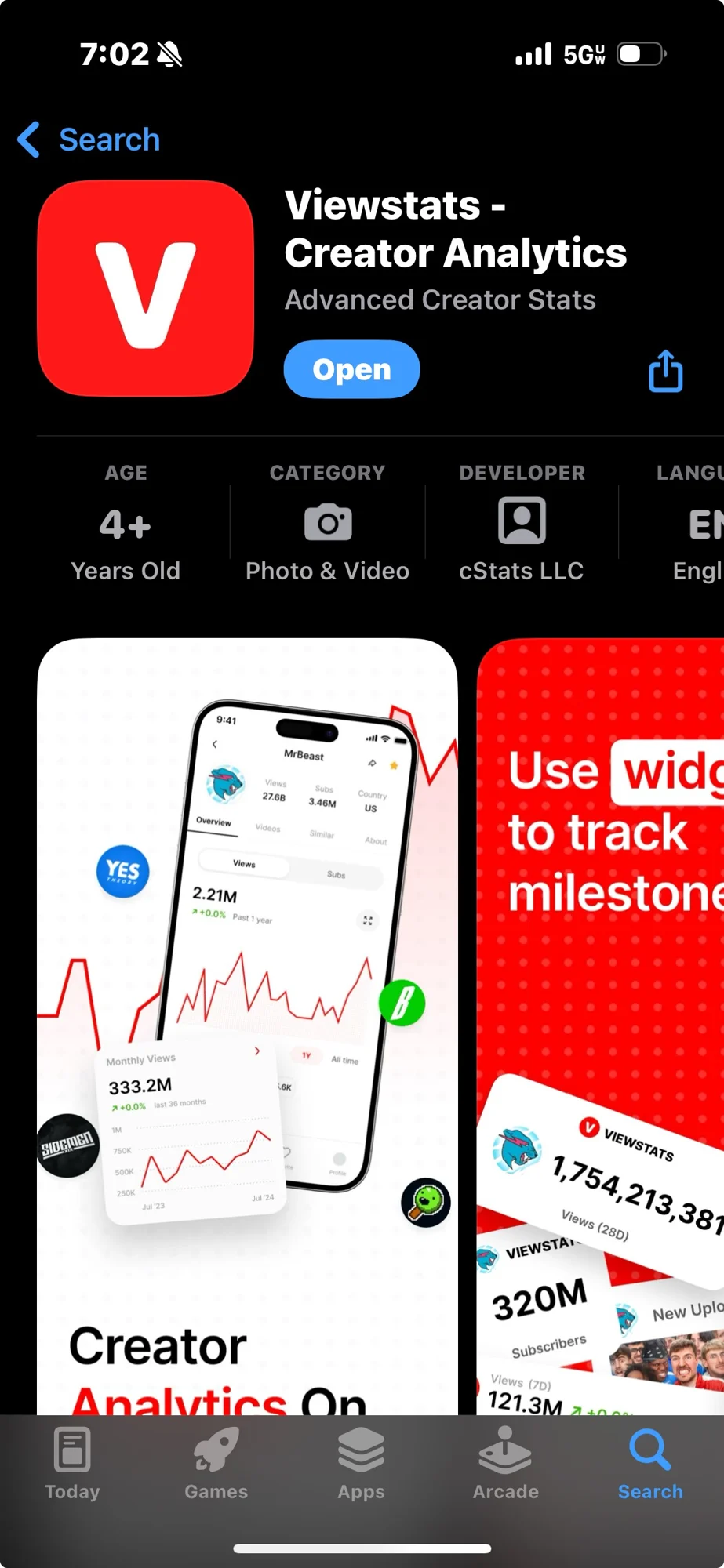 Viewstats live in the App Store: the published creator analytics app.