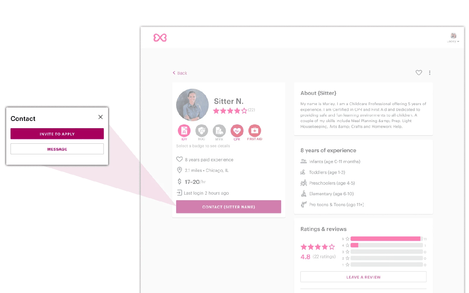 Existing sitter profile: Invite to Apply was nested beneath Contact.