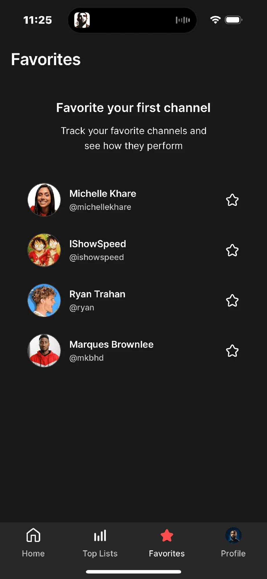 Favorites: a focused list of channels a creator wants to follow.