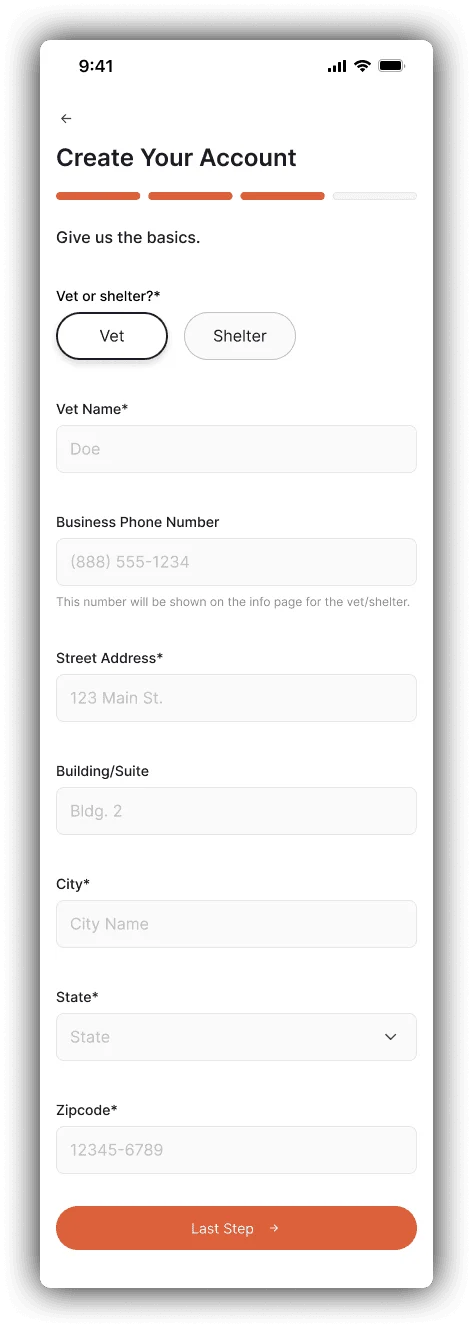 Vet and shelter account creation: organization information.