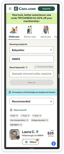 Care.com reference: a filtered sitter list.