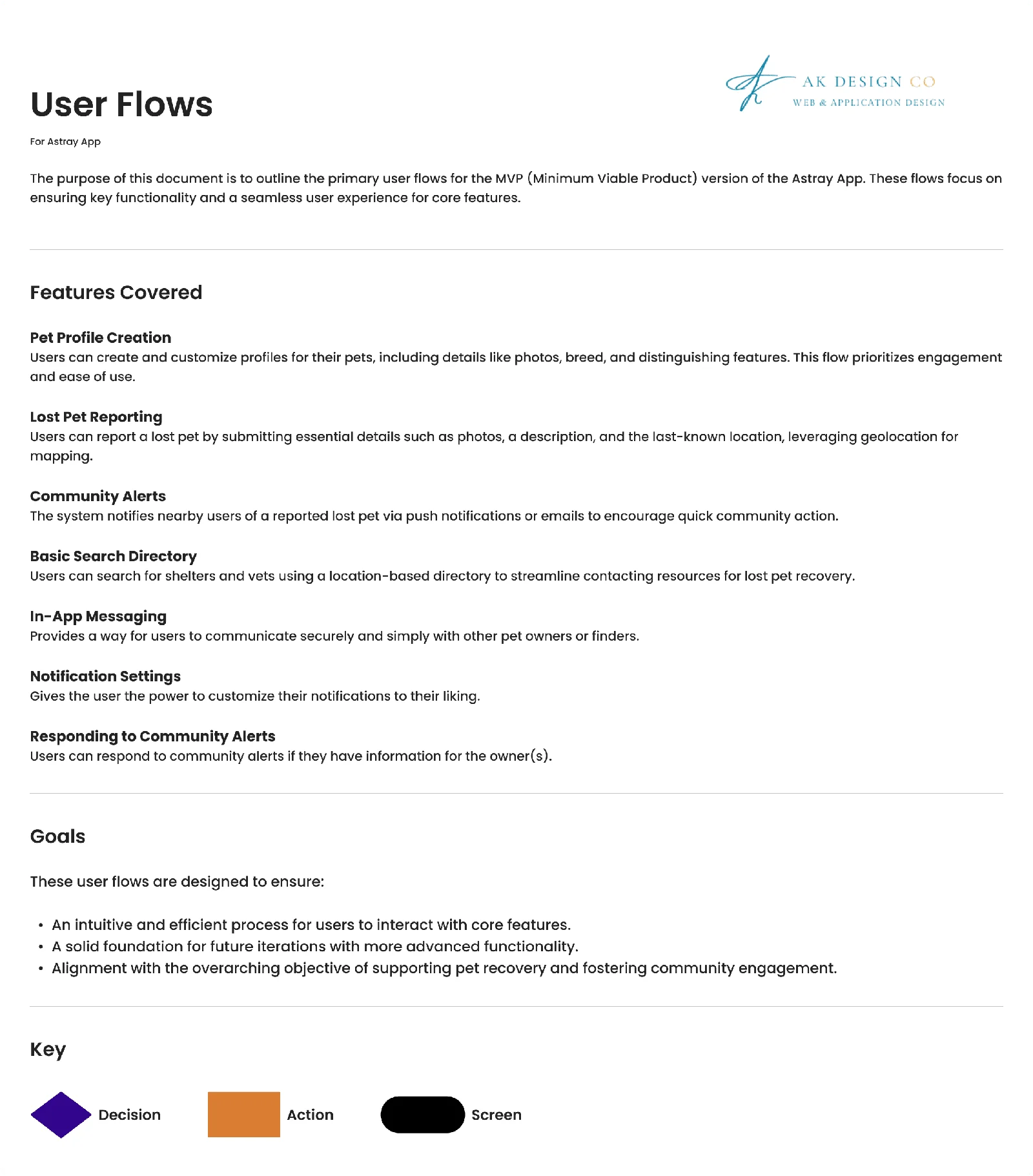 User-flow documentation: core features, goals, and flow notation.