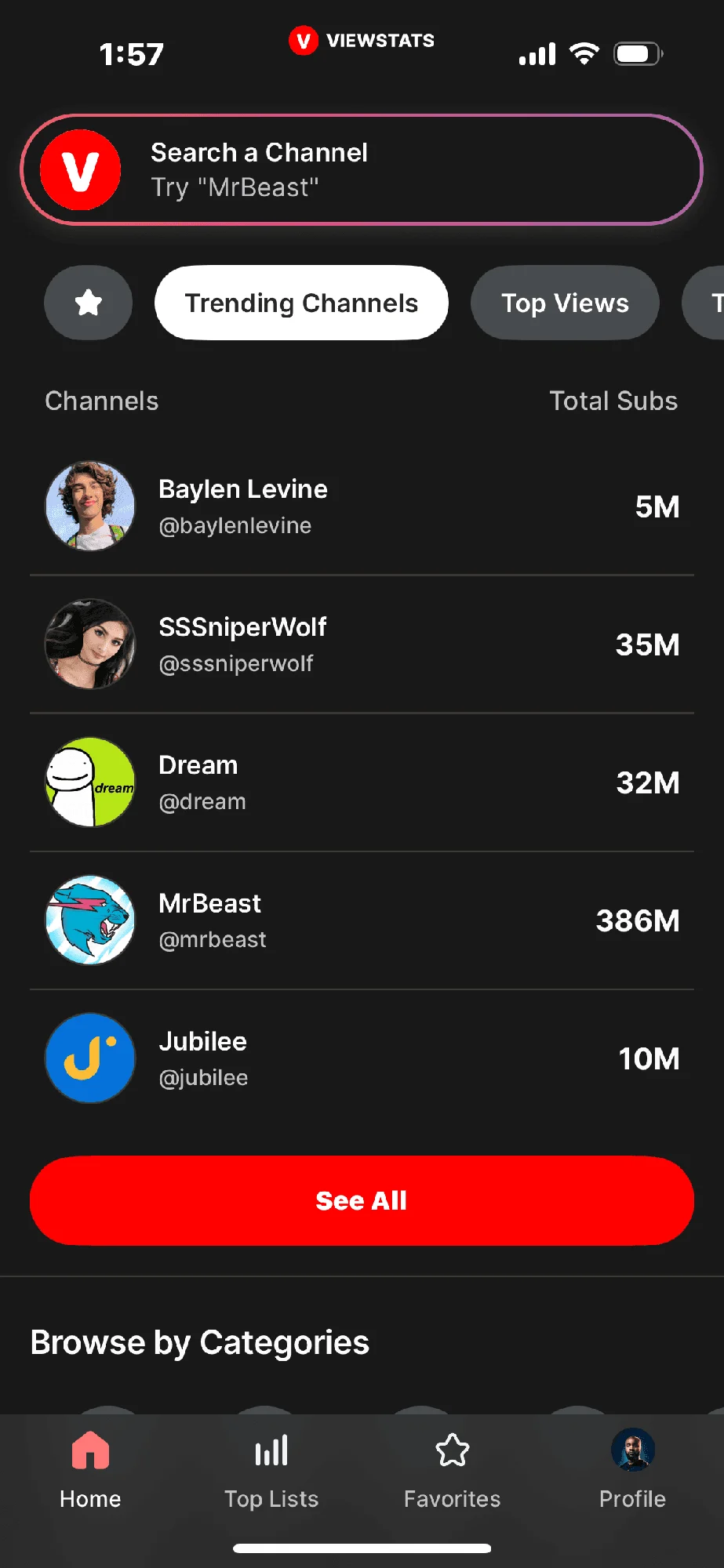 Home: channel search, category discovery, and a clear starting point.