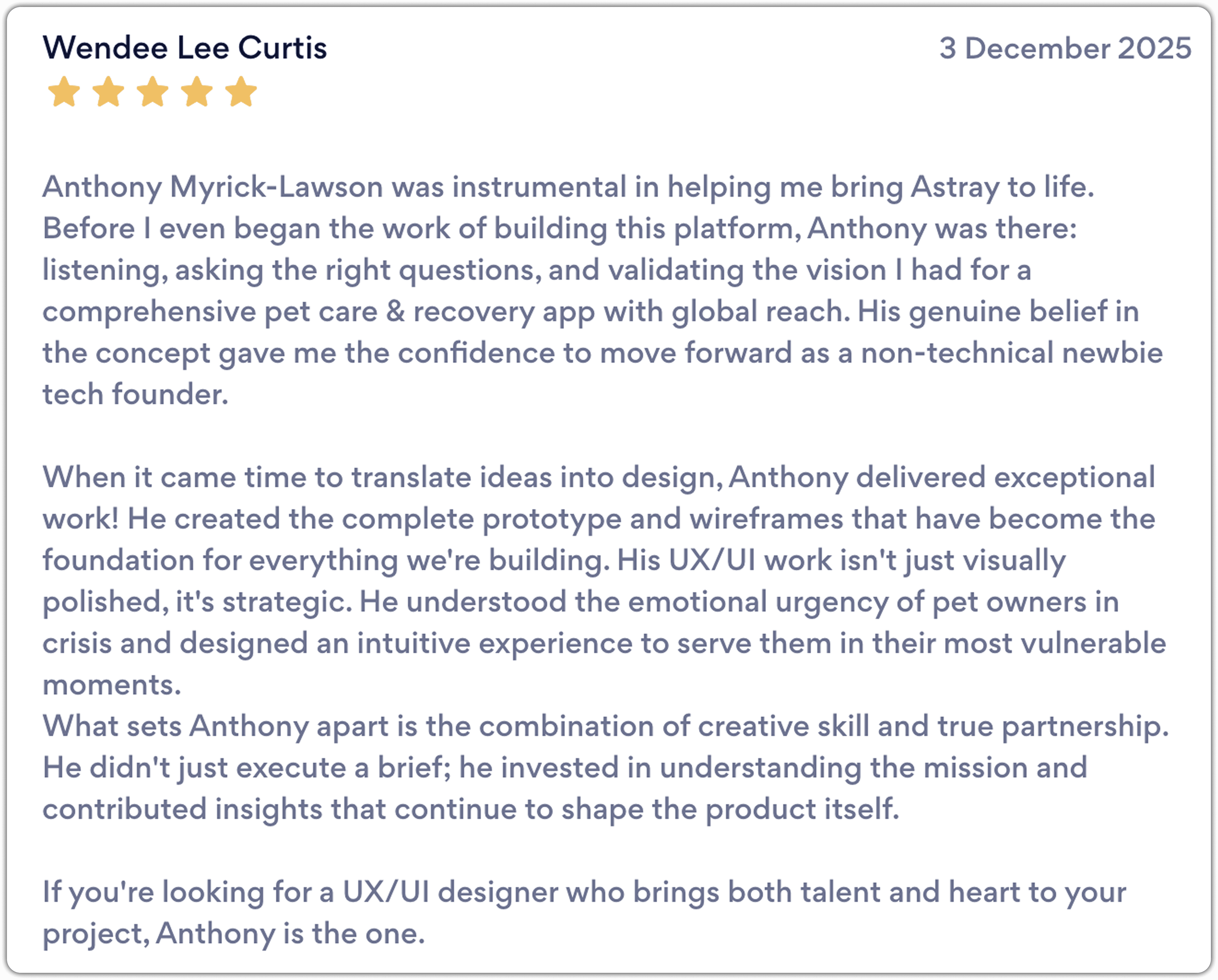 Recommendation from Wendee Lee Curtis, founder of Astray
