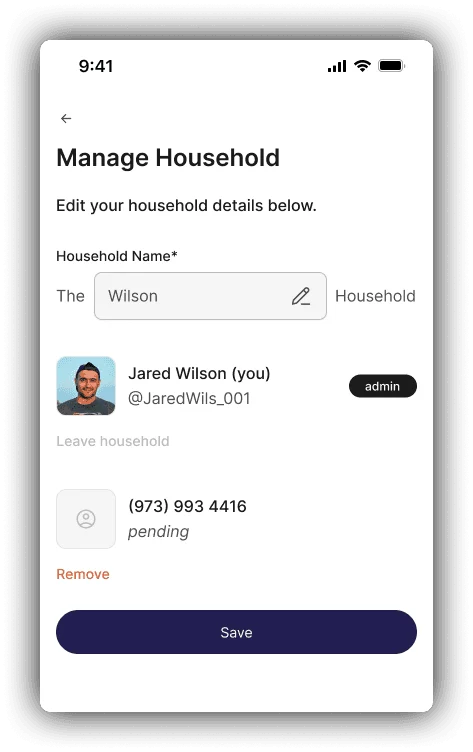 Manage Household: shared users and pet ownership.