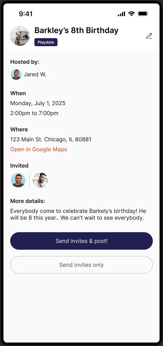 Astray playdate event screen for Barkley’s birthday