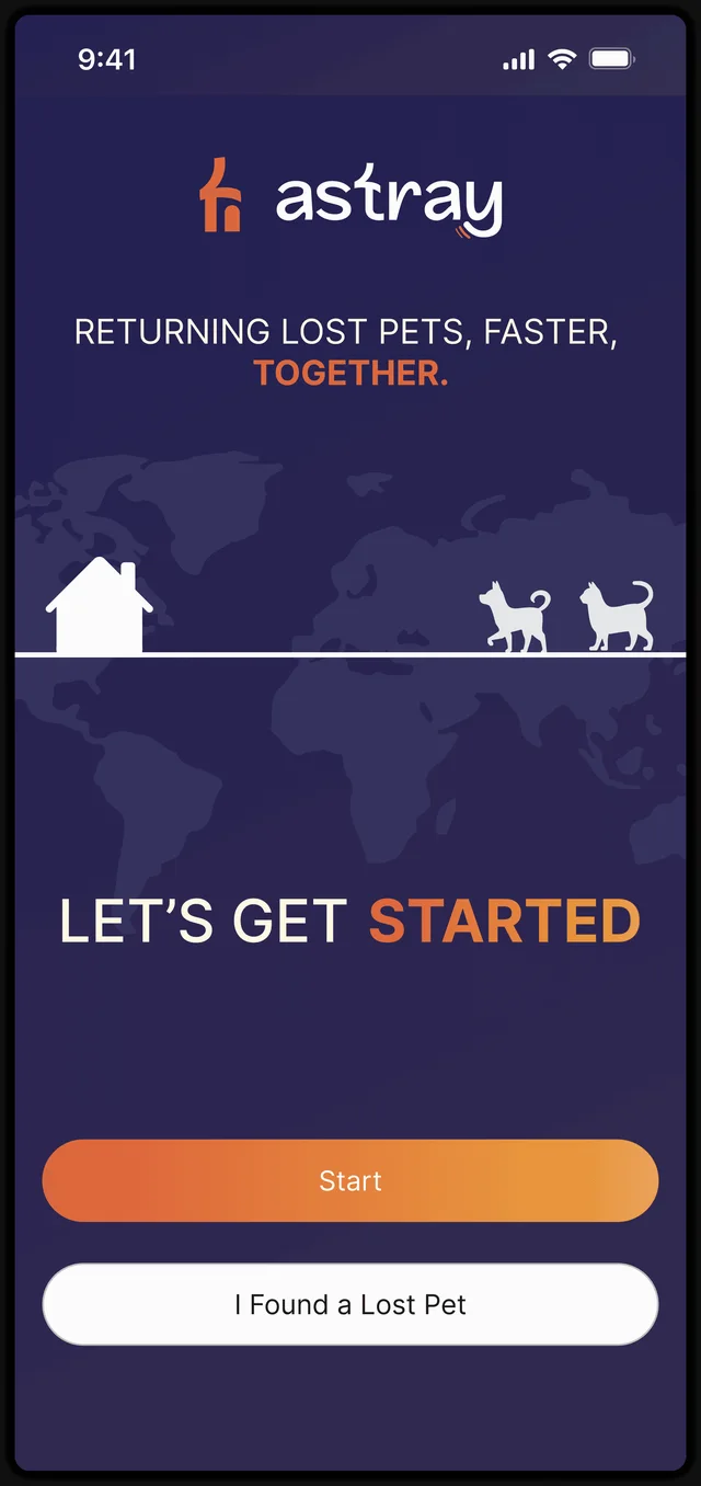 Astray welcome screen: Returning lost pets, faster, together